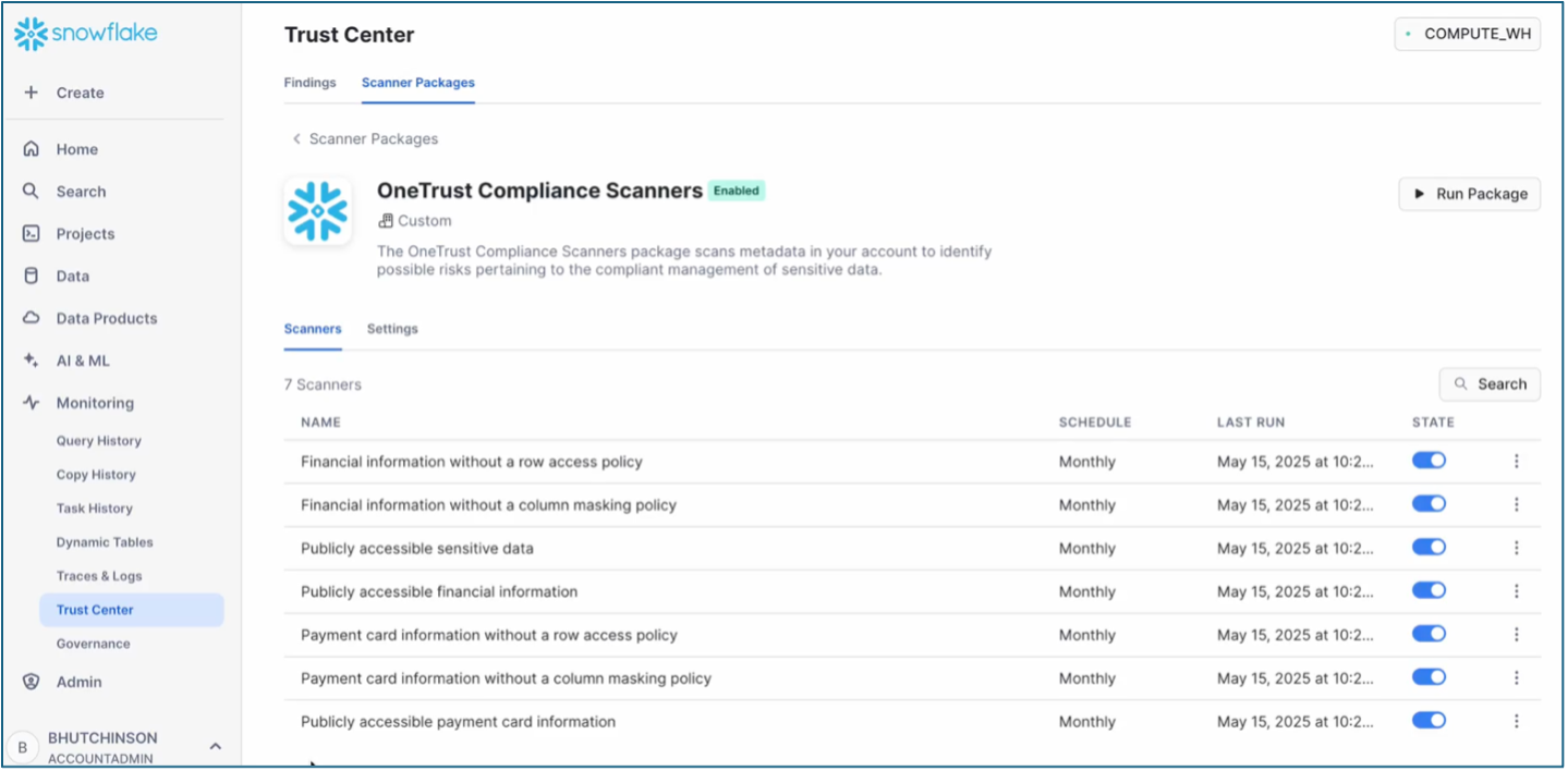 Screenshot showing OneTrust Compliance Scanners on the Snowflake platform